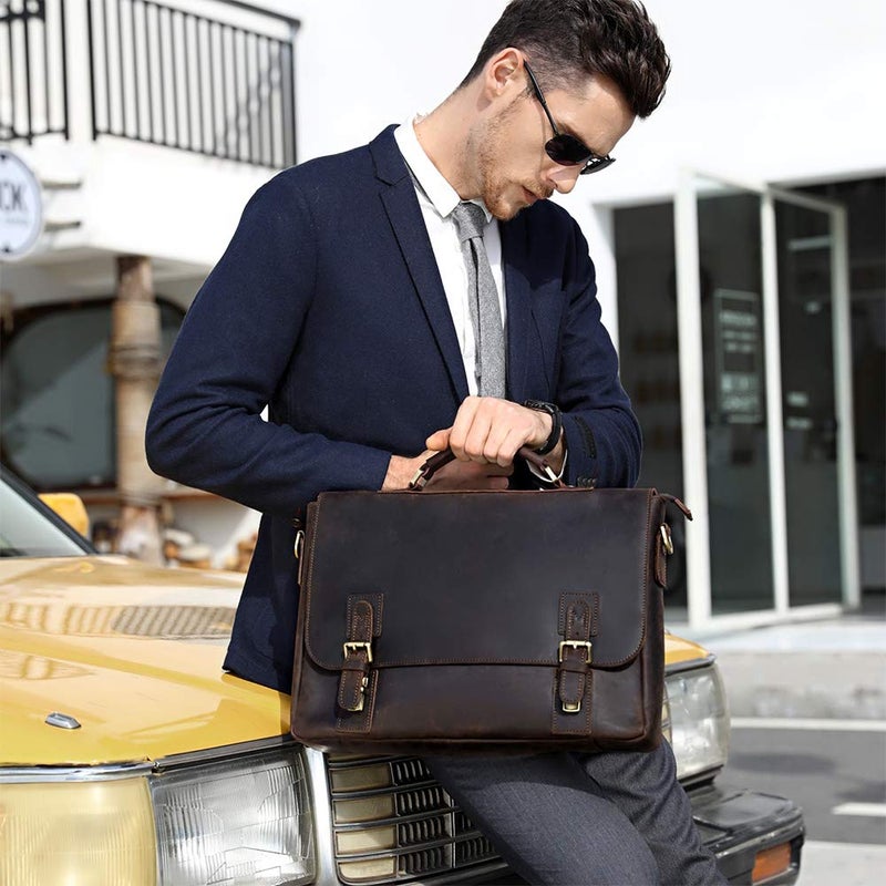 Kattee Men's Leather Satchel Briefcase, 15.6" Laptop Messenger Shoulder Bag Tote - Image 2